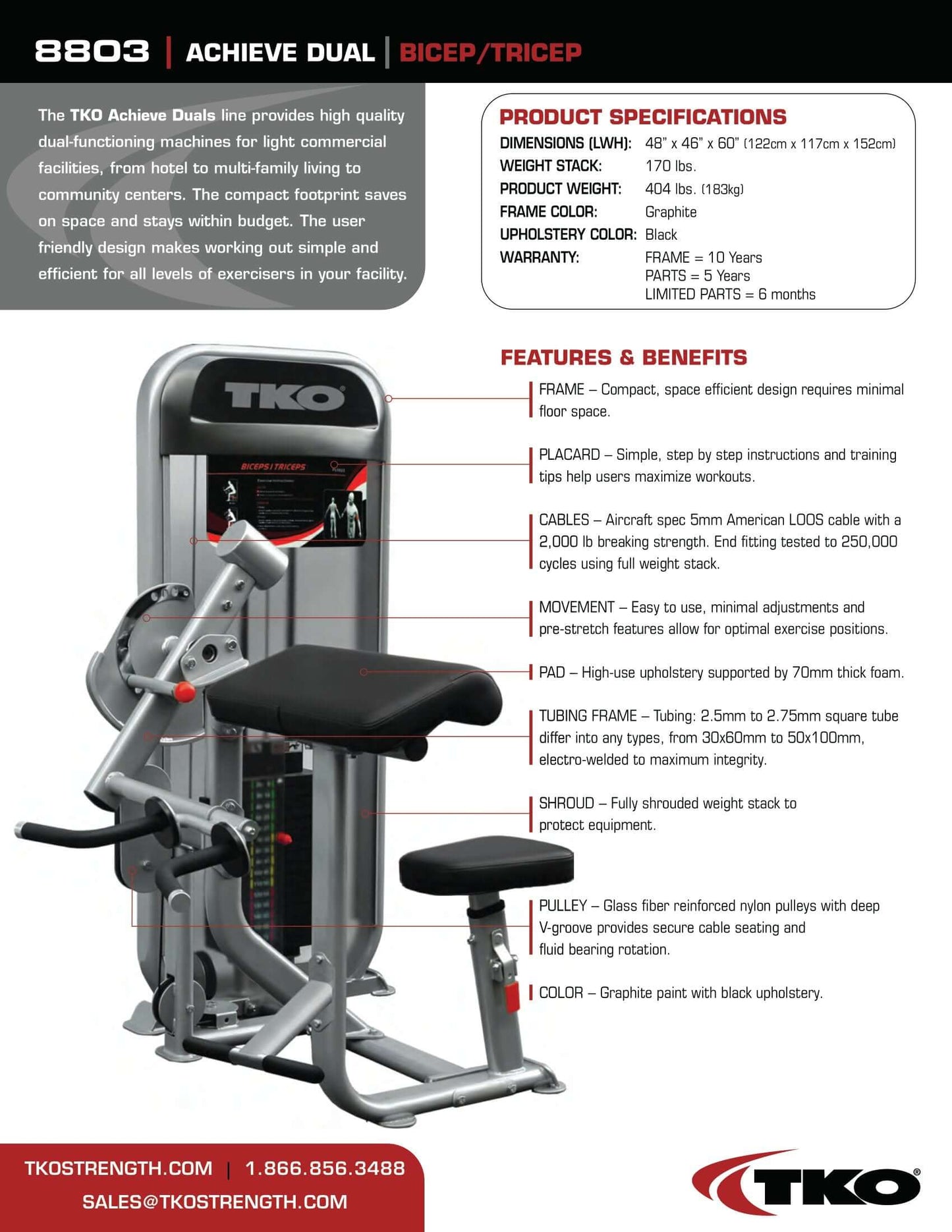 TKO Achieve Dual Bicep Curl / Tricep Extension Machine 170 lb Weight Stack